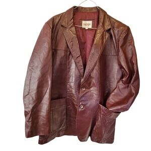 Silton Vintage Mens Burgundy Leather Blazer Jacket Size 44 Oxblood 2 Button Coat
